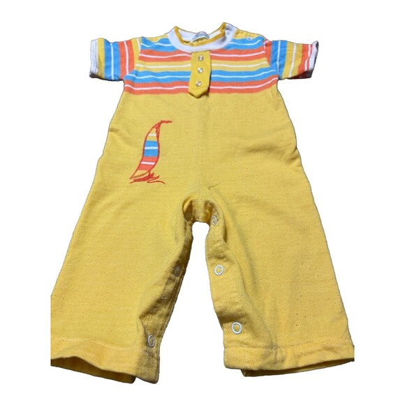 Health Tex Vintage USA Beachy Romper Yellow Stripe Sailboat 12 Month Nautical - Picture 4 of 8